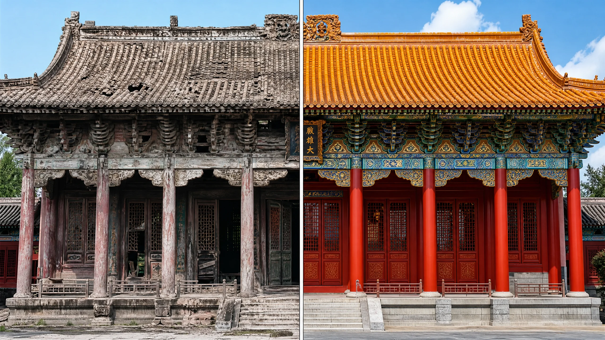 古建筑修复后的完整面貌，朱红立柱与金色琉璃瓦焕然‍一新
