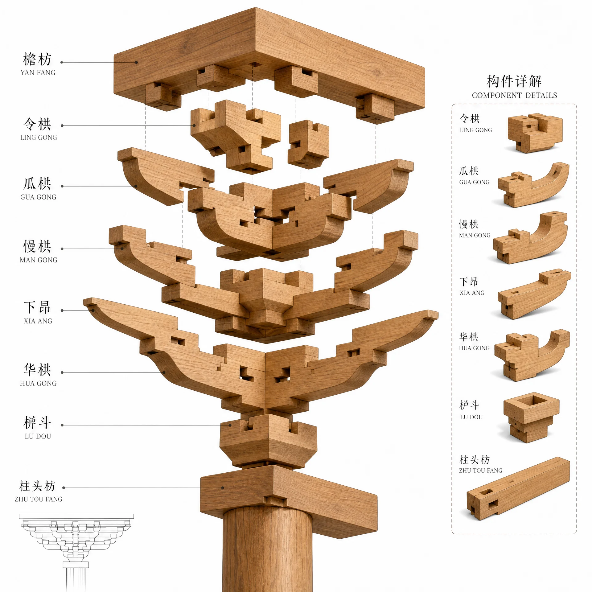斗拱结构3D拆解示意图，展示各层构件名称与组装关系