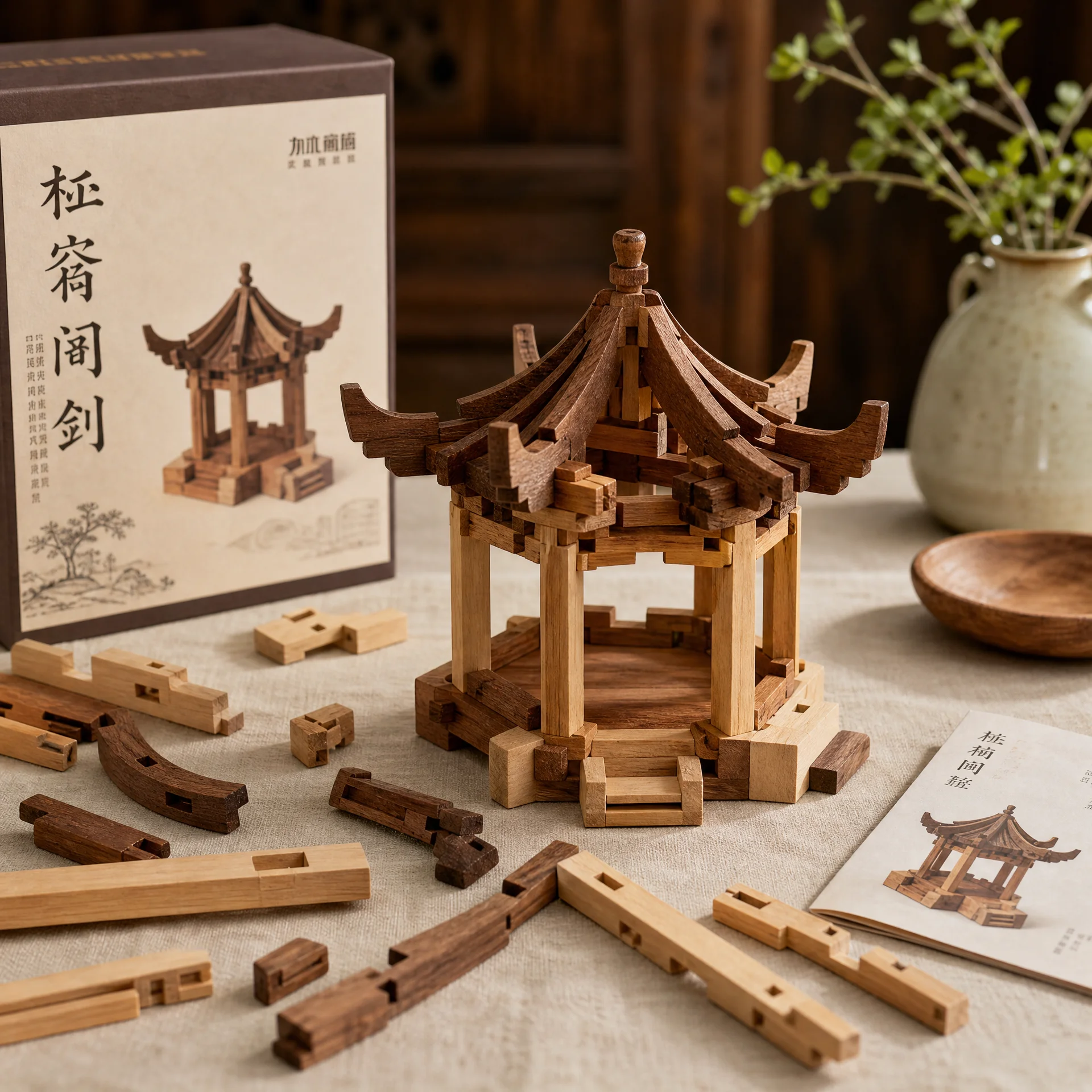 榫卯积木​六角亭模型套装，展示精密的木构拼装